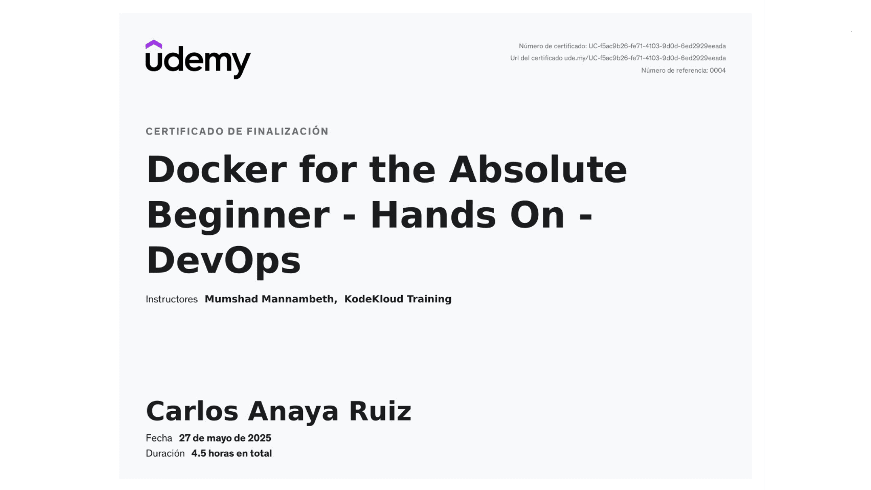 Carlos Anaya Ruiz - Certification: Docker/DevOps - Udemy