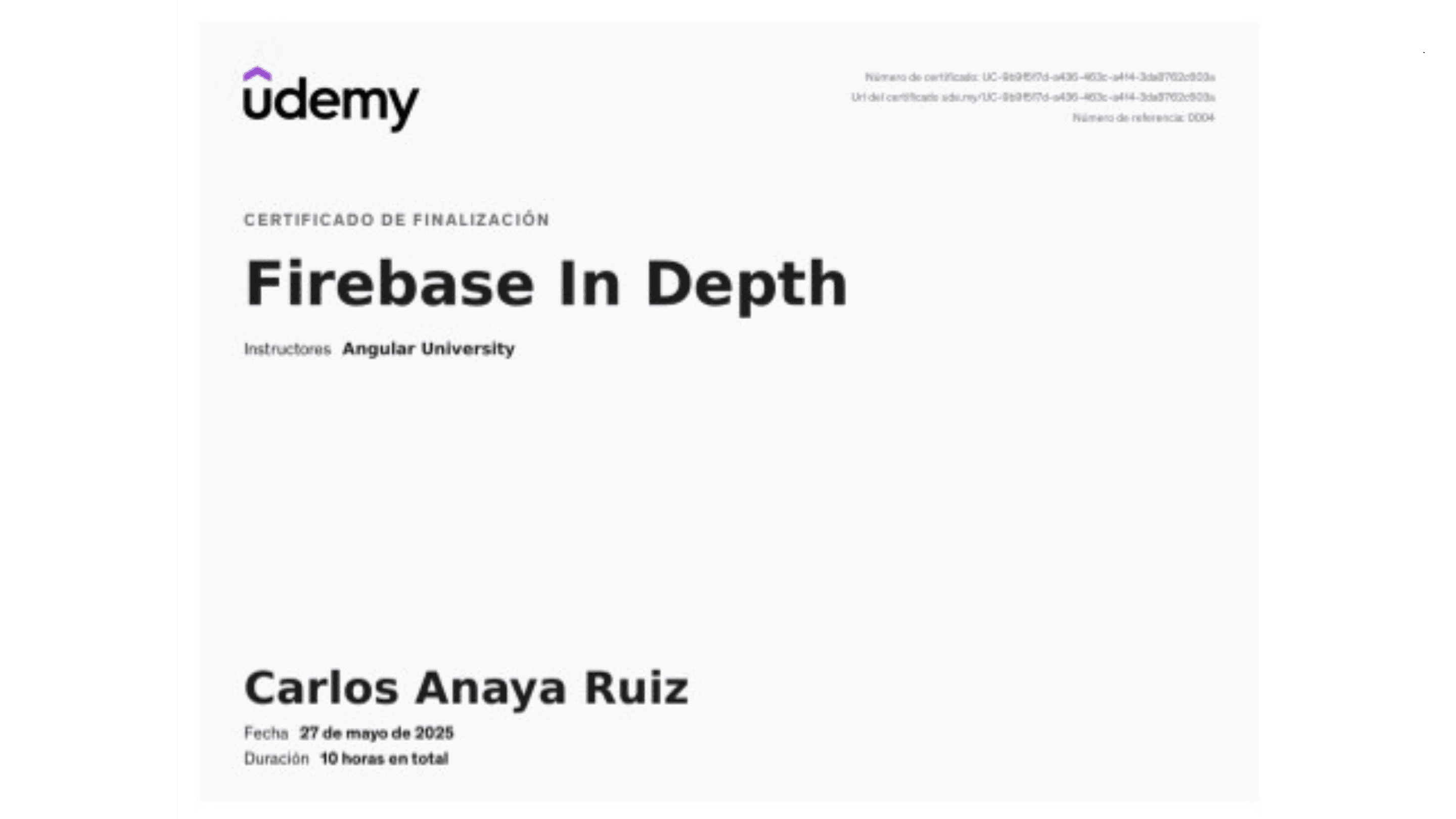 Carlos Anaya Ruiz - Certification: Firebase In Depth - Udemy