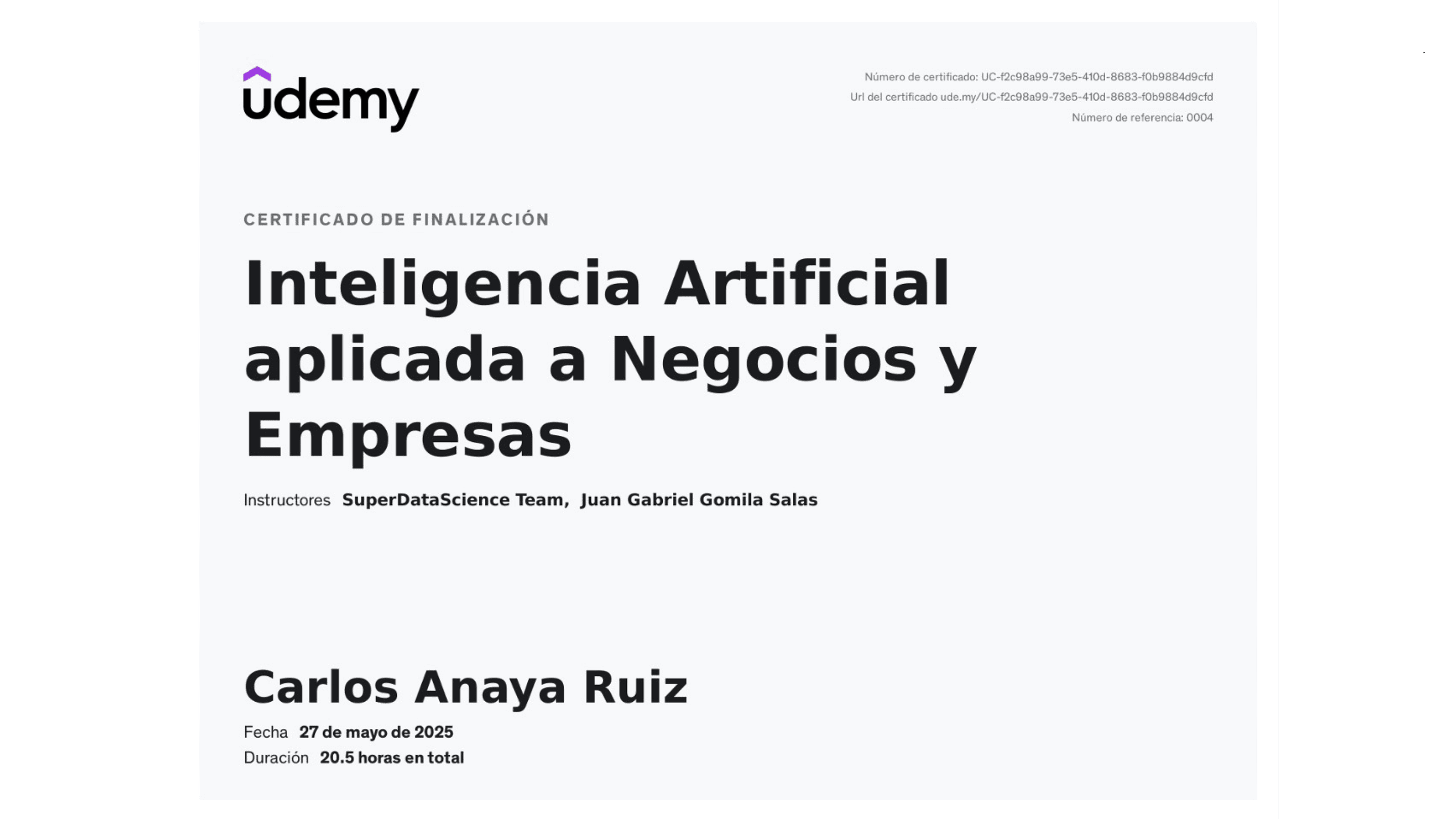 Carlos Anaya Ruiz - Certification: AI Applied to Business & Enterprises - SuperDataScience