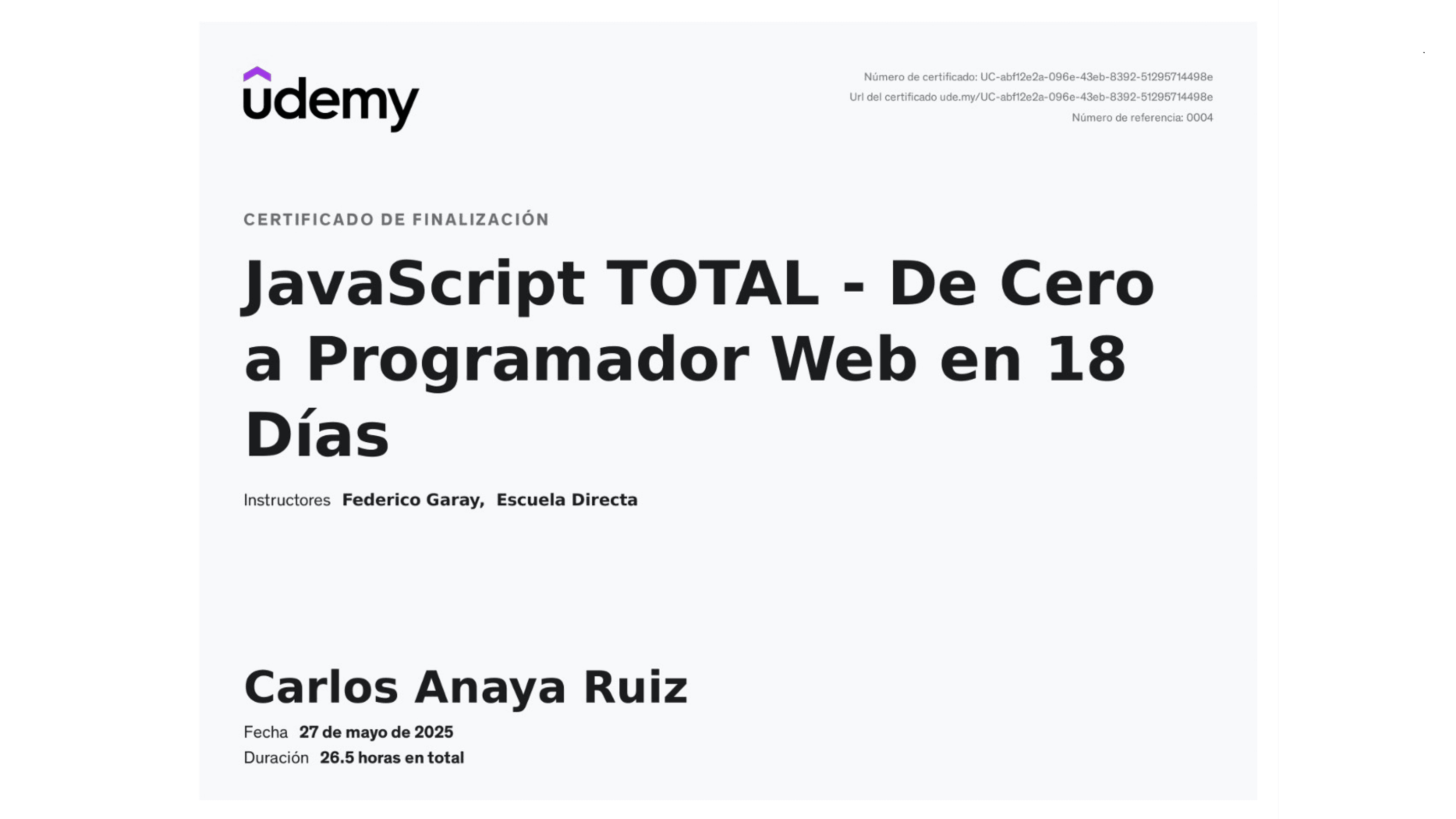 Carlos Anaya Ruiz - Certification: JavaScript TOTAL - Udemy