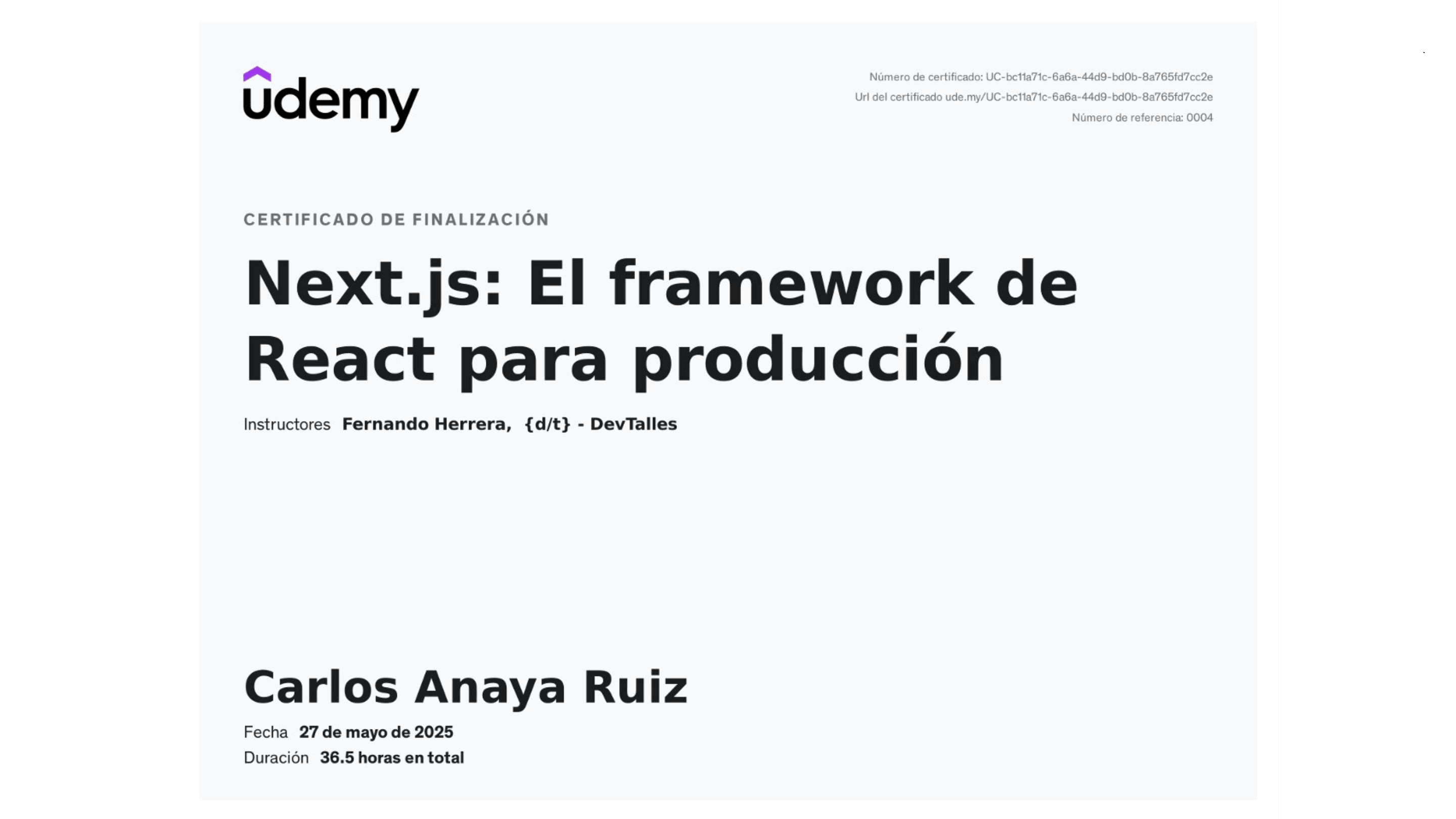 Carlos Anaya Ruiz - Certification: Next.js: El framework de React para producción - Udemy